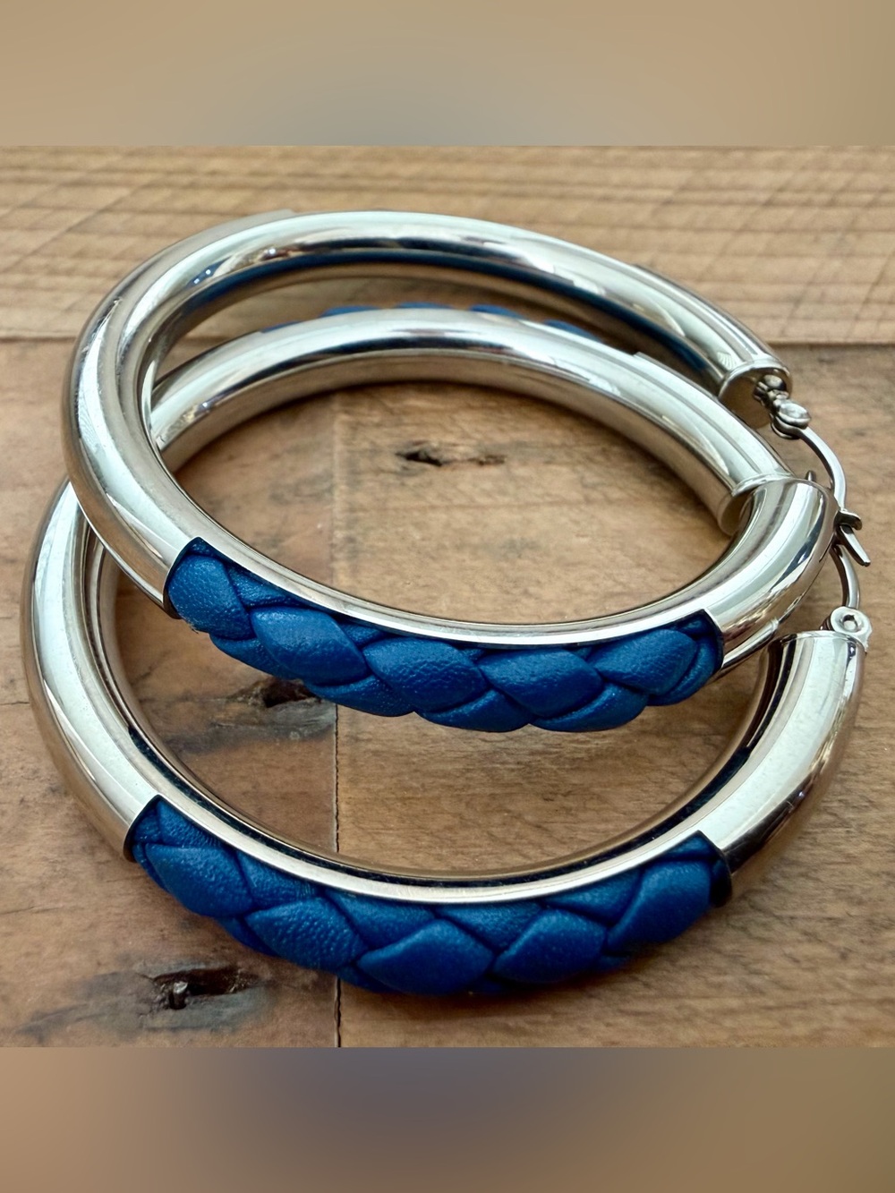 DSMK SILVER STAINLESS STEEL & BLUE BRAIDED LEATHER ACCENT HOOP EARRINGS